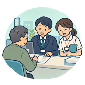 役所職員と保健師が手続きを支援するイラスト