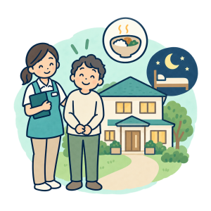 利用者とクルーハウス職員、安心できる住まいのイラスト