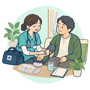 訪問看護師が健康状態を確認するイラスト