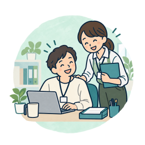 就労先でスタッフの支援を受けながら働くイラスト